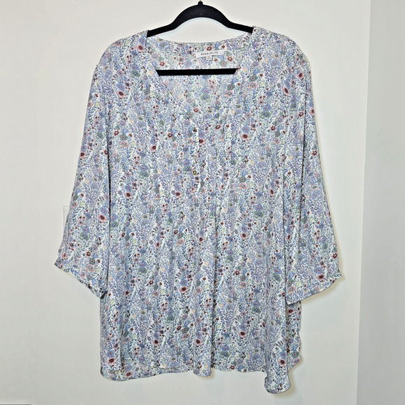 Rose Olive Top Womens 2X Blue Floral Flowy Tunic Career Boho Cottagecore Popover - Picture 1 of 10